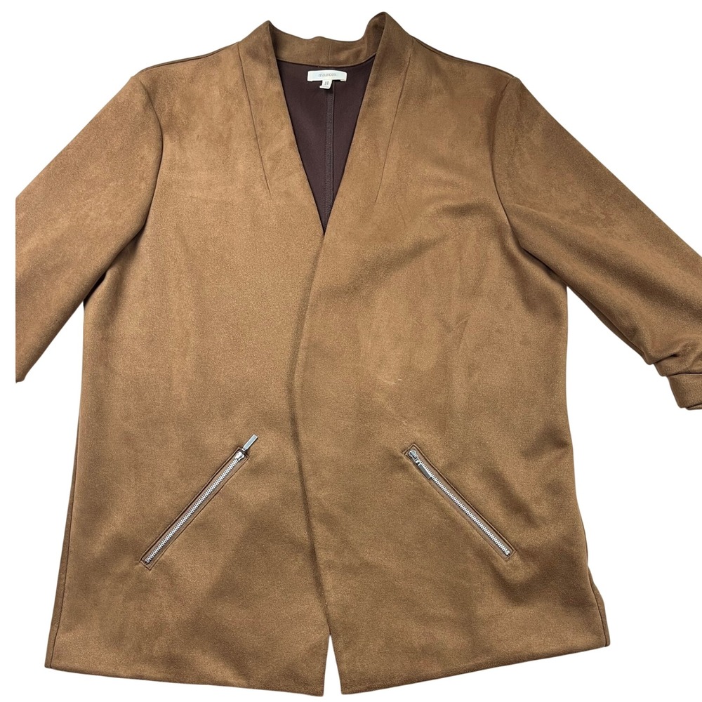 Maurices Womens XXL Faux Suede Open Front Blazer Cognac Brown Ruched Sleeve